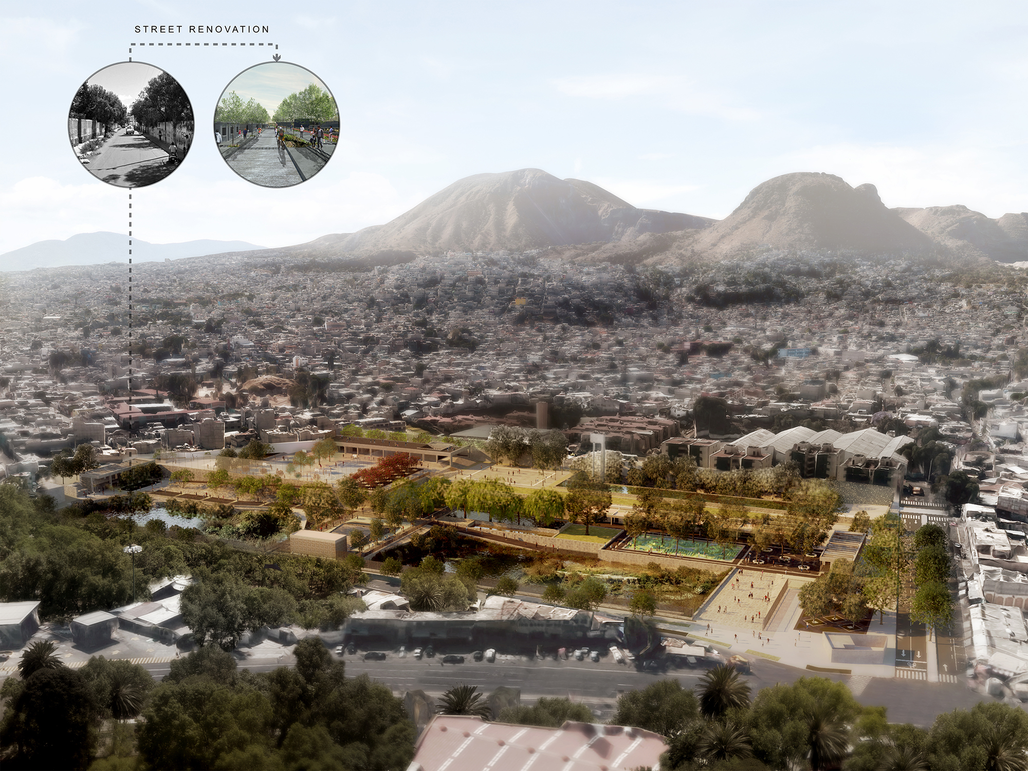Plan général du projet Hydropuncture (2013-2018), une intervention urbaine imaginée dans la délégation d’Iztapalapa, un quartier socialement défavorisé de Mexico. Développé par l’UNAM et coordonné par Manuel Perló Cohen