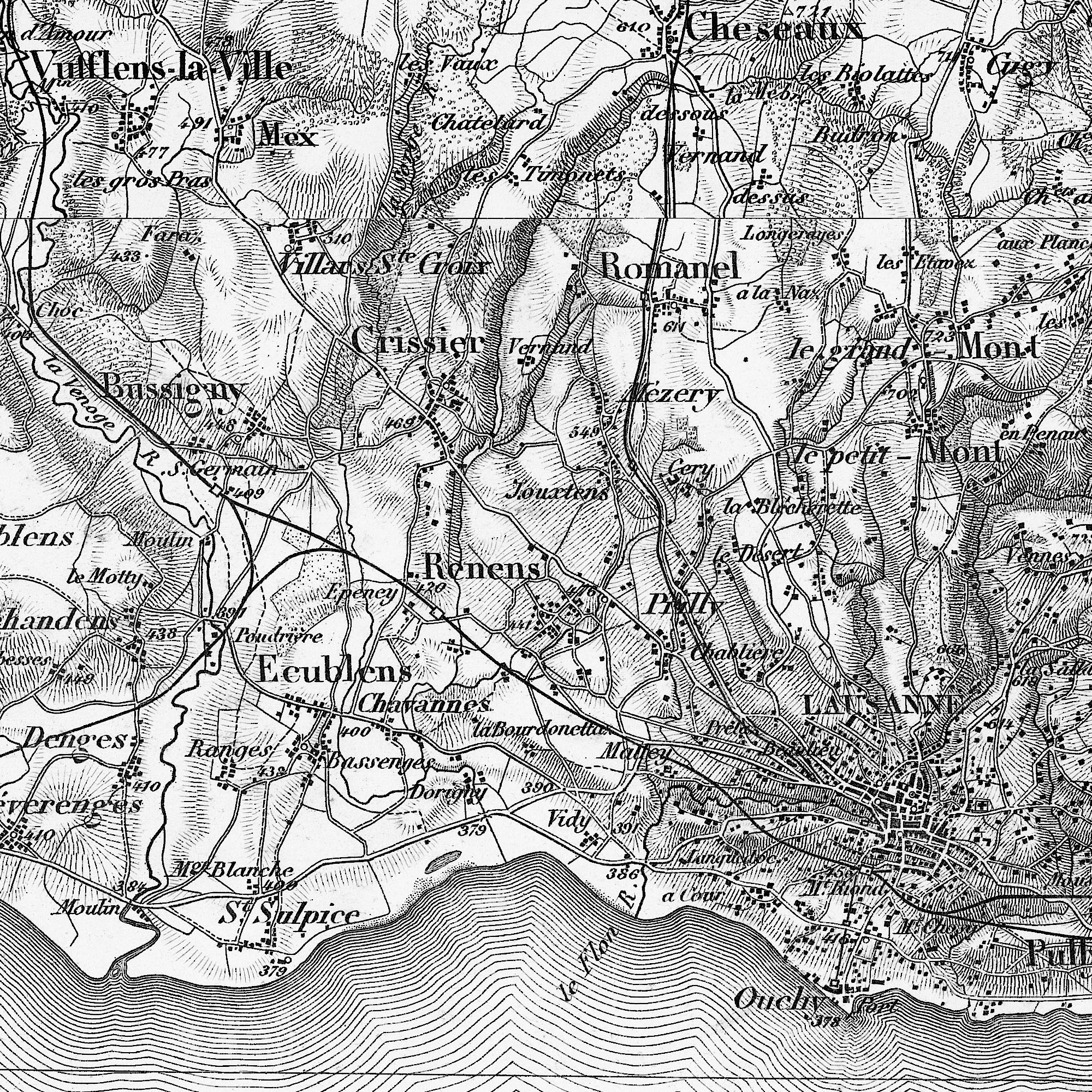 Le développement de l’Ouest lausannois vu au travers du prisme de la carte nationale : a) Extrait de la carte Dufour au 1:100 000, publiée entre 1845 et 1865. Situation aux alentours de 1890.
