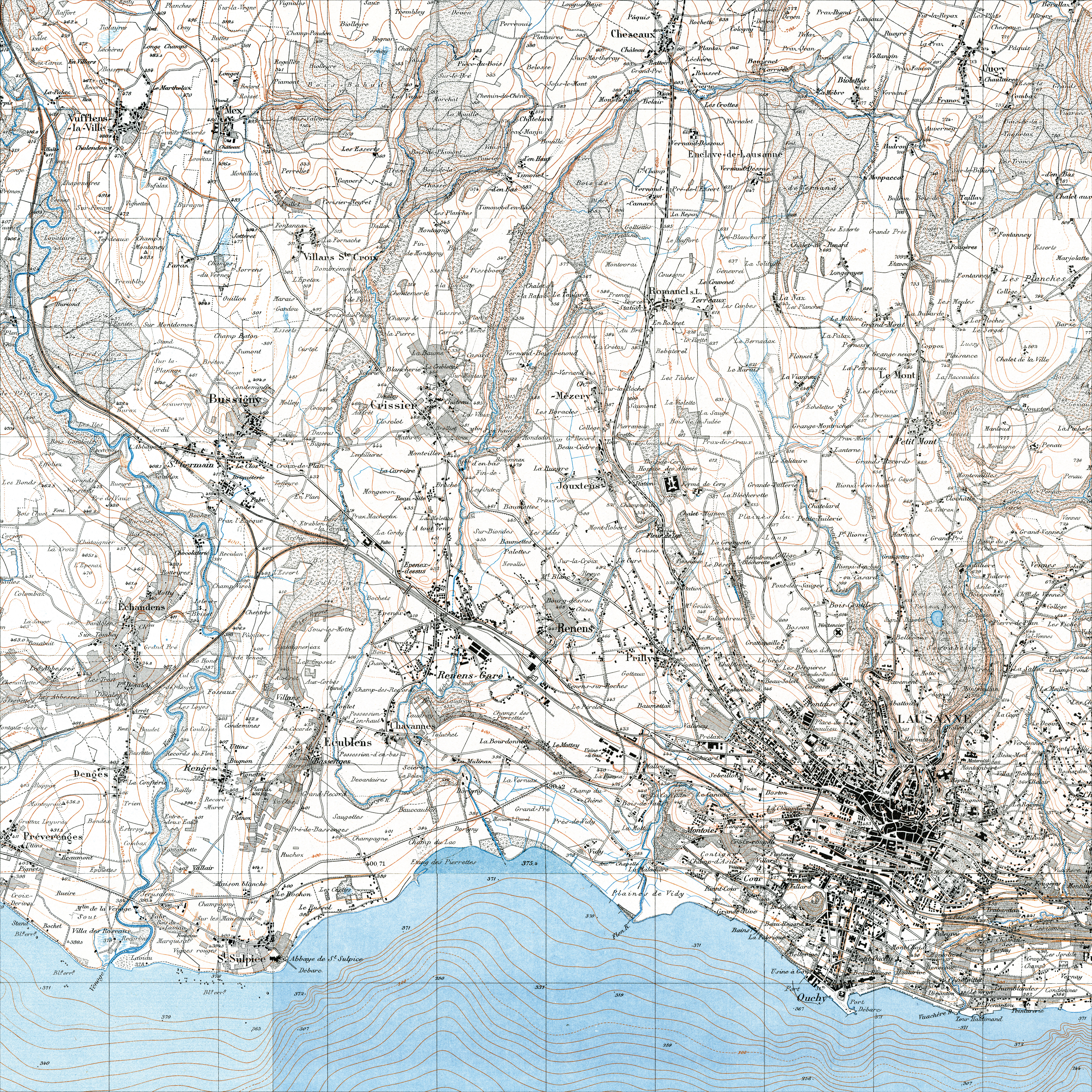 Le développement de l’Ouest lausannois vu au travers du prisme de la carte nationale : b) Extrait de la carte Siegfried au 1:25 000, publiée entre 1870 et 1926. Situation aux alentours de 1926.