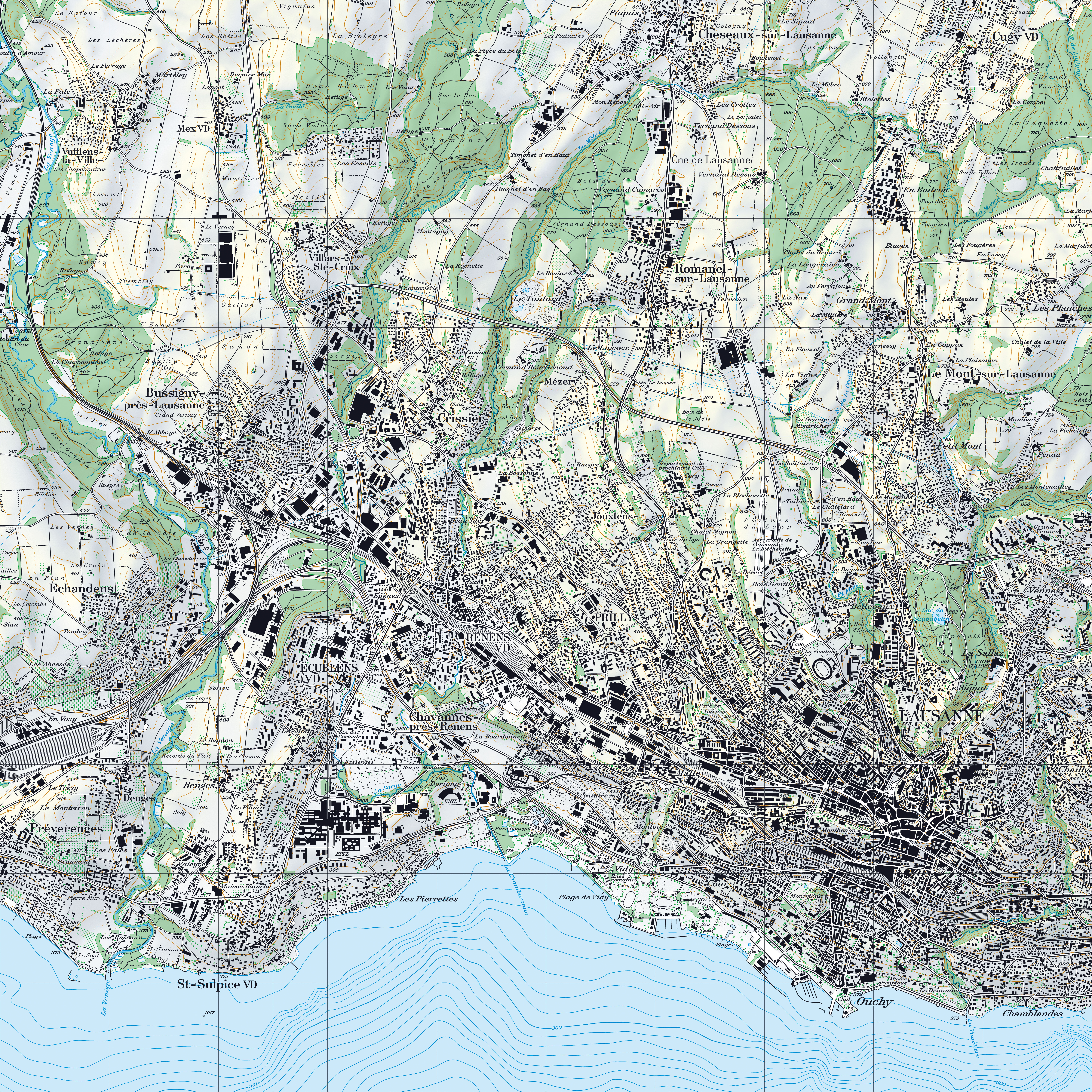 Le développement de l’Ouest lausannois vu au travers du prisme de la carte nationale : c) Extrait de la carte nationale au 1:25 000. Situation en 2011