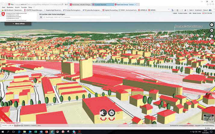 A partir du modèle topographique de terrain, il est également possible de créer des produits dérivés tels que le modèle swissBUILDINGS3D, un jeu de données vectorielles qui représente les bâtiments modélisés en 3D avec les formes des toits et avant-toits. Ici une vue des alentours de la gare de Renens (VD).