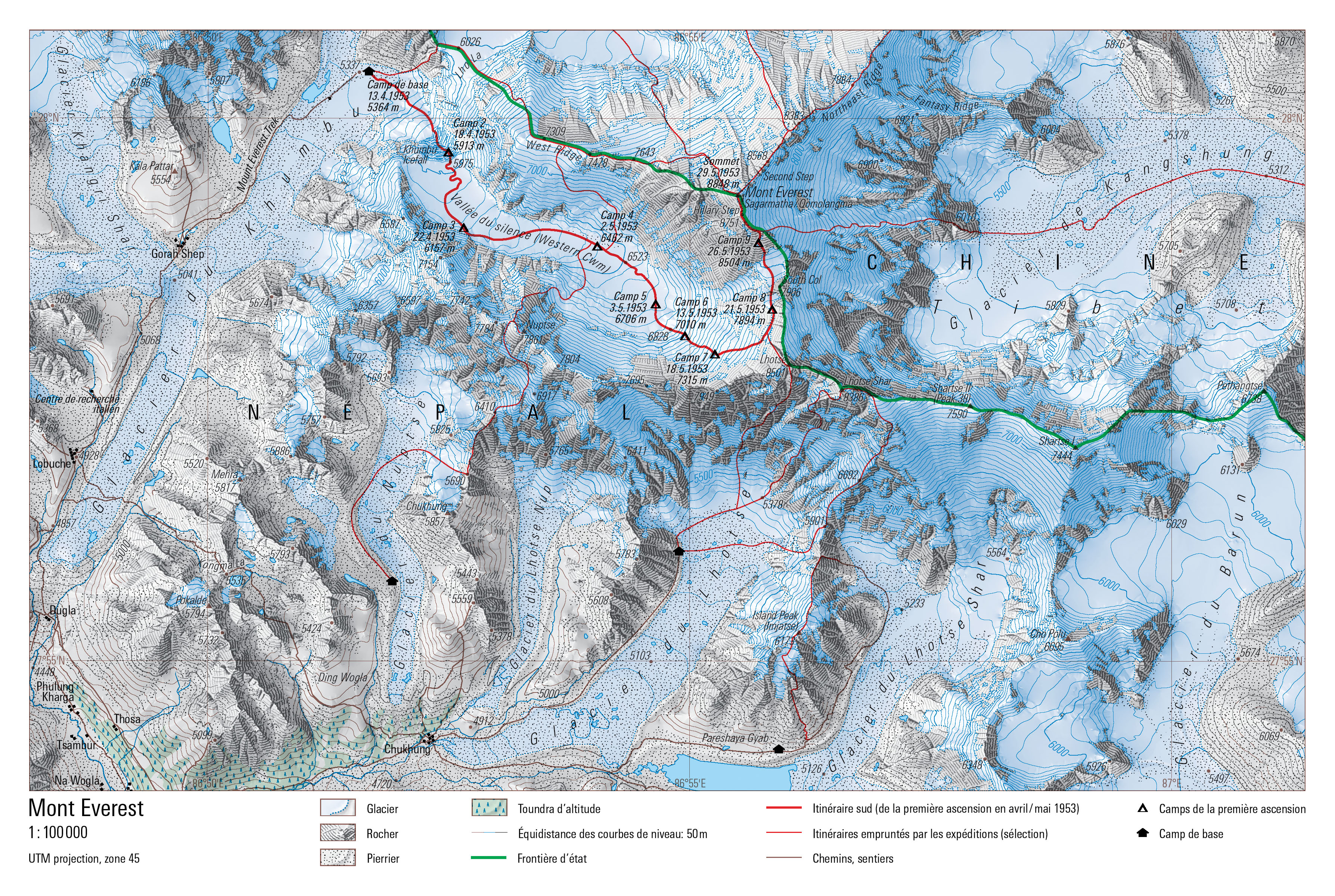 Carte au 1:1 000 000 de la région du mont Everest, situé à la frontière sino-népalaise. Pour la première fois, le dessin des rochers a pu être réalisé automatiquement.