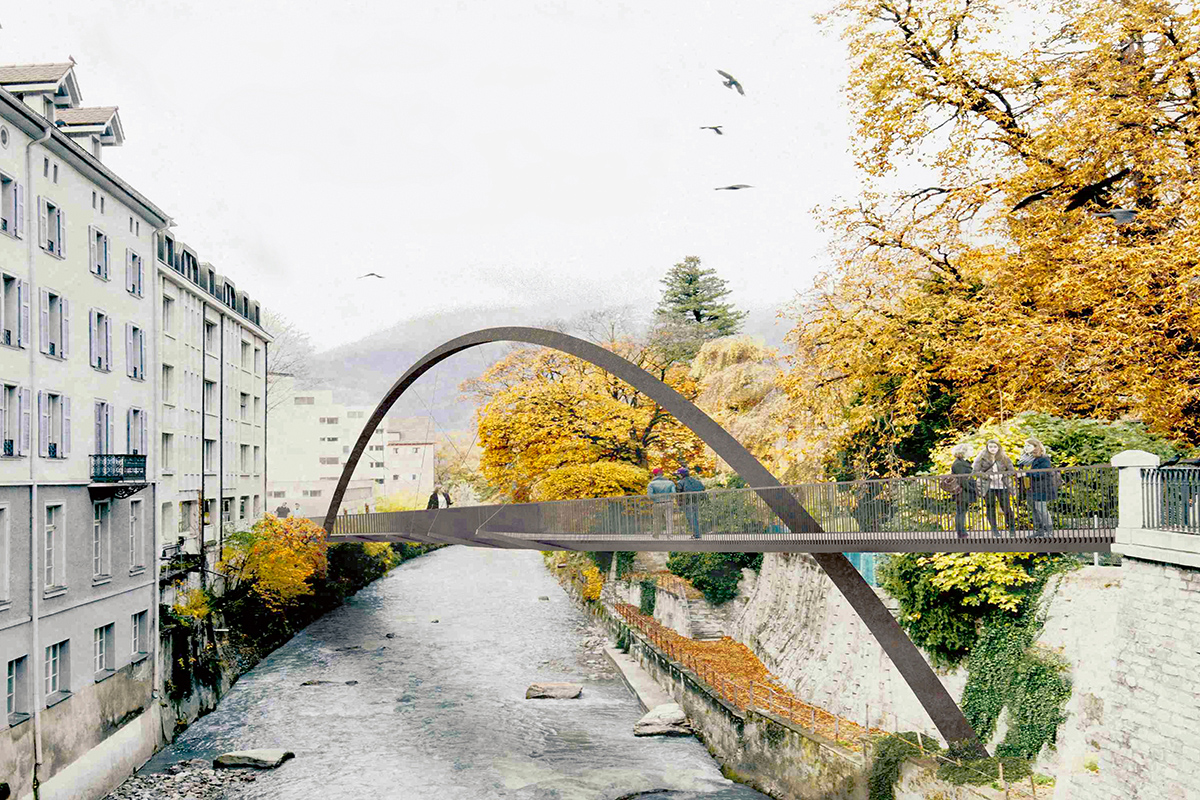 Gerahmter Fluss: Das Siegerprojekt «Arcocoira» von Bänziger Partner und Ritter Schumacher überspannt den Wasserlauf mit einem Bogen, unter dem sich die leicht mäandrierende Fahrbahn hindurchschlängelt.