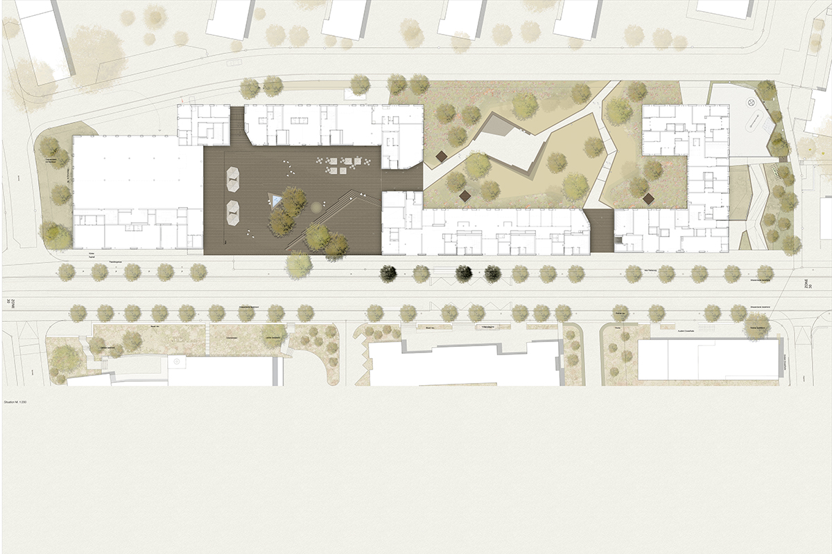 Situation des Ersatzneubaus «Quartierzentrum Friesenberg» mit den beiden Siedlungshöfen. Der Klinkerplatz ist dunkel eingefärbt.