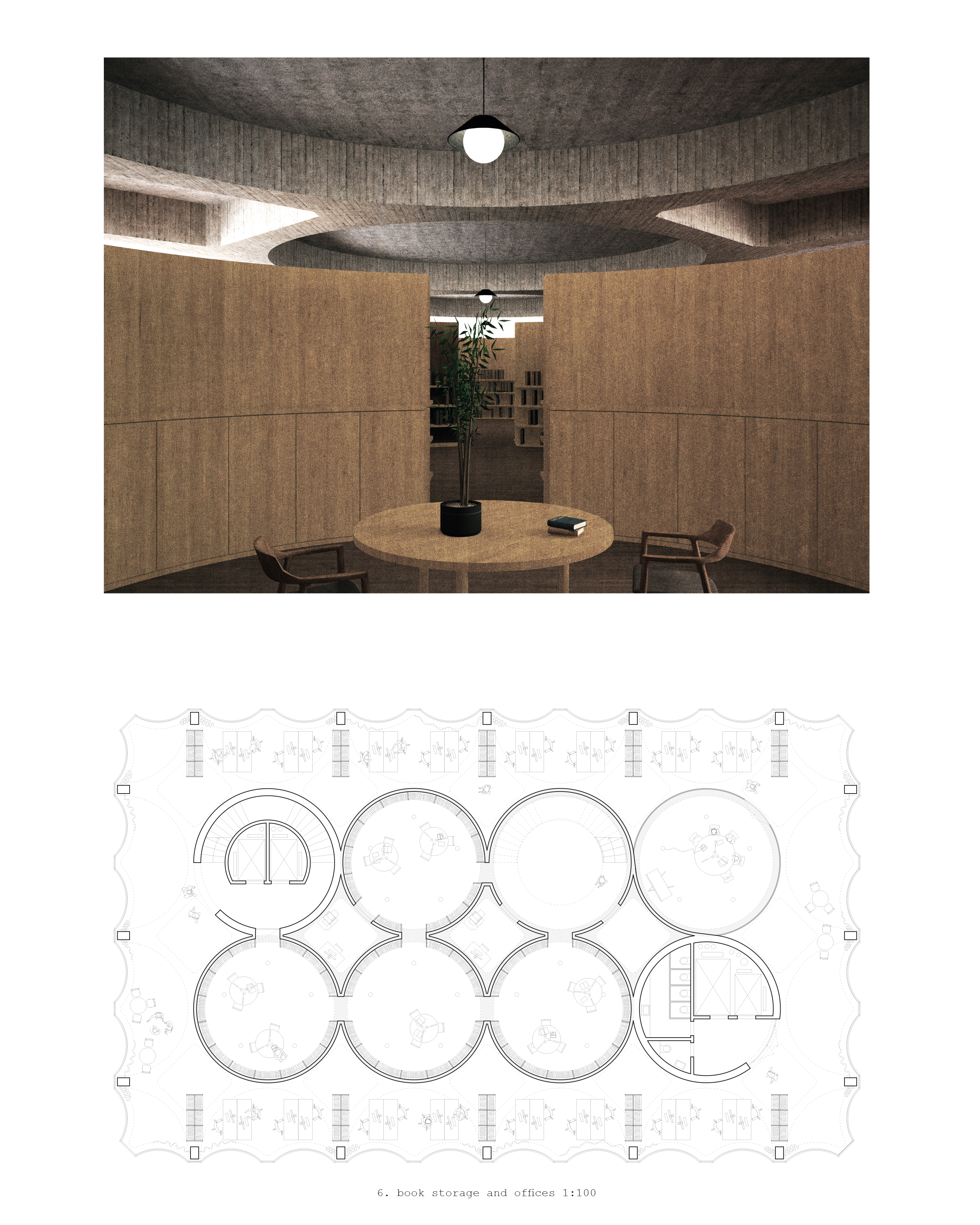 Perspective intérieure et plan de la bibliothèque et d'un bureau