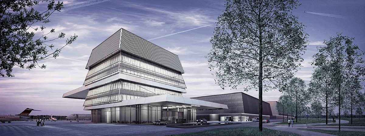 Siegerprojekt: das zentrale Business Aviation Center mit den markanten Vordächern.