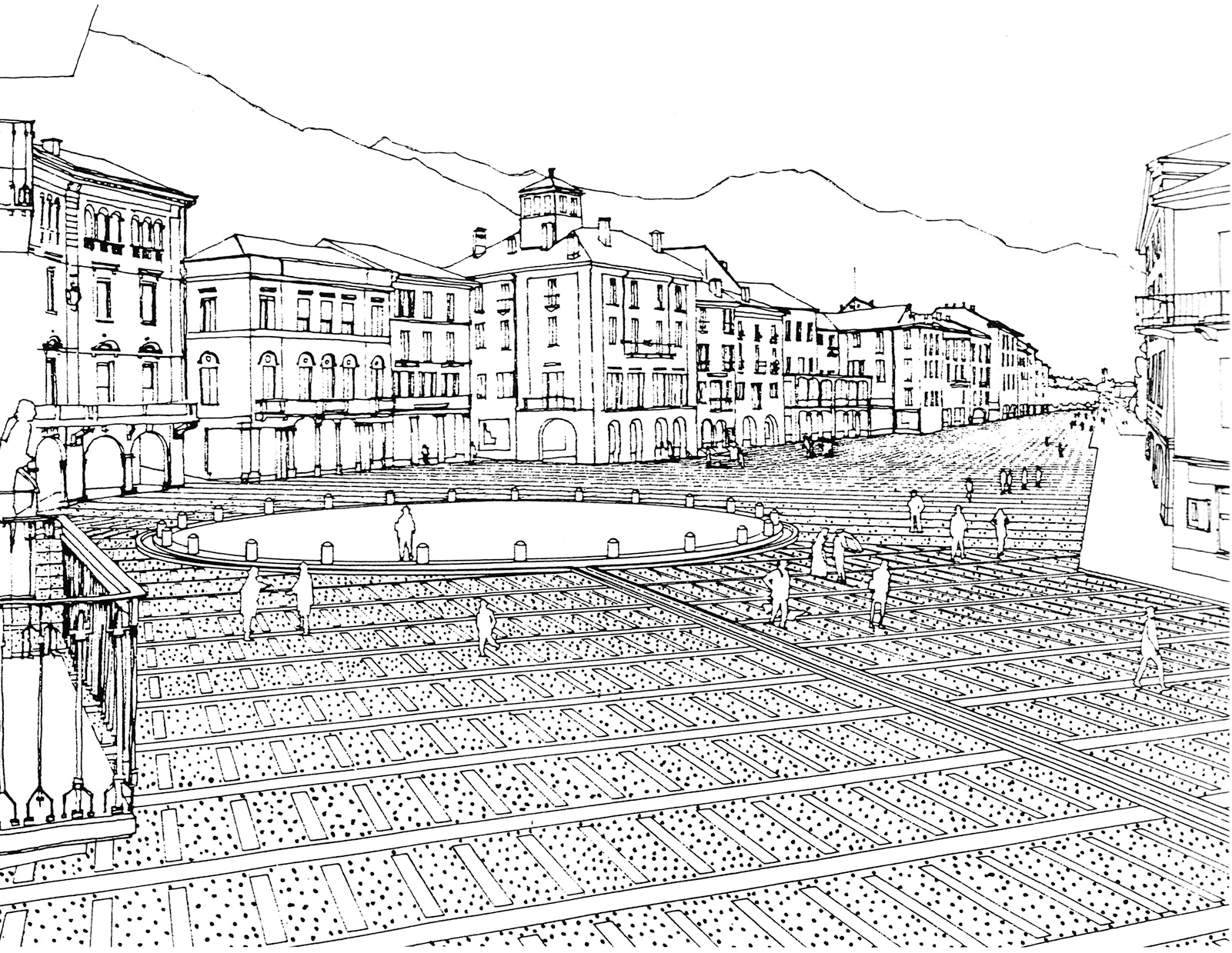 Luigi Snozzi, progetto di concorso per la sistemazione di Piazza Grande, 1989-90. Prospettiva con la fontana-podio in primo piano.