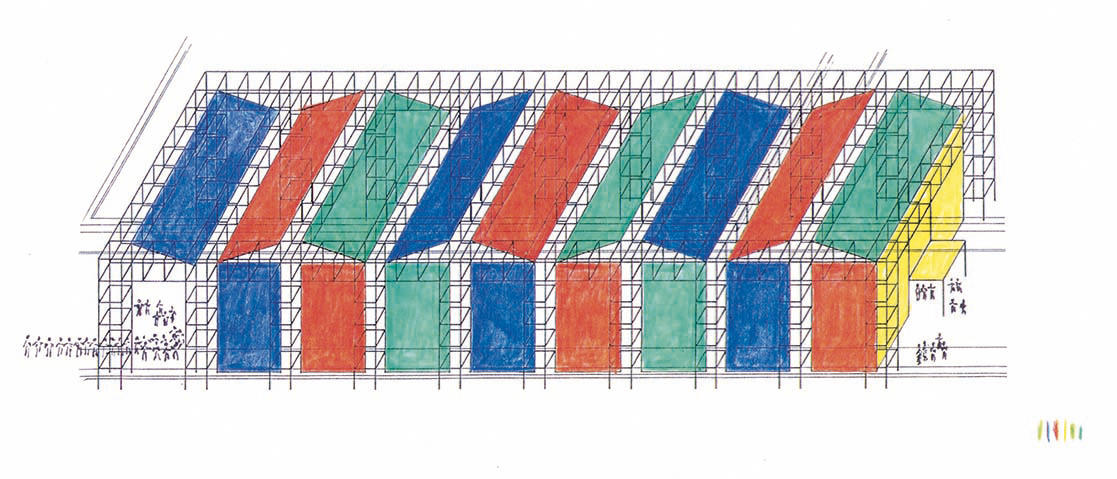 Luigi Snozzi, progetto di una grande tenda in largo Zorzi, 1992. Planimetria generale e assonometria.