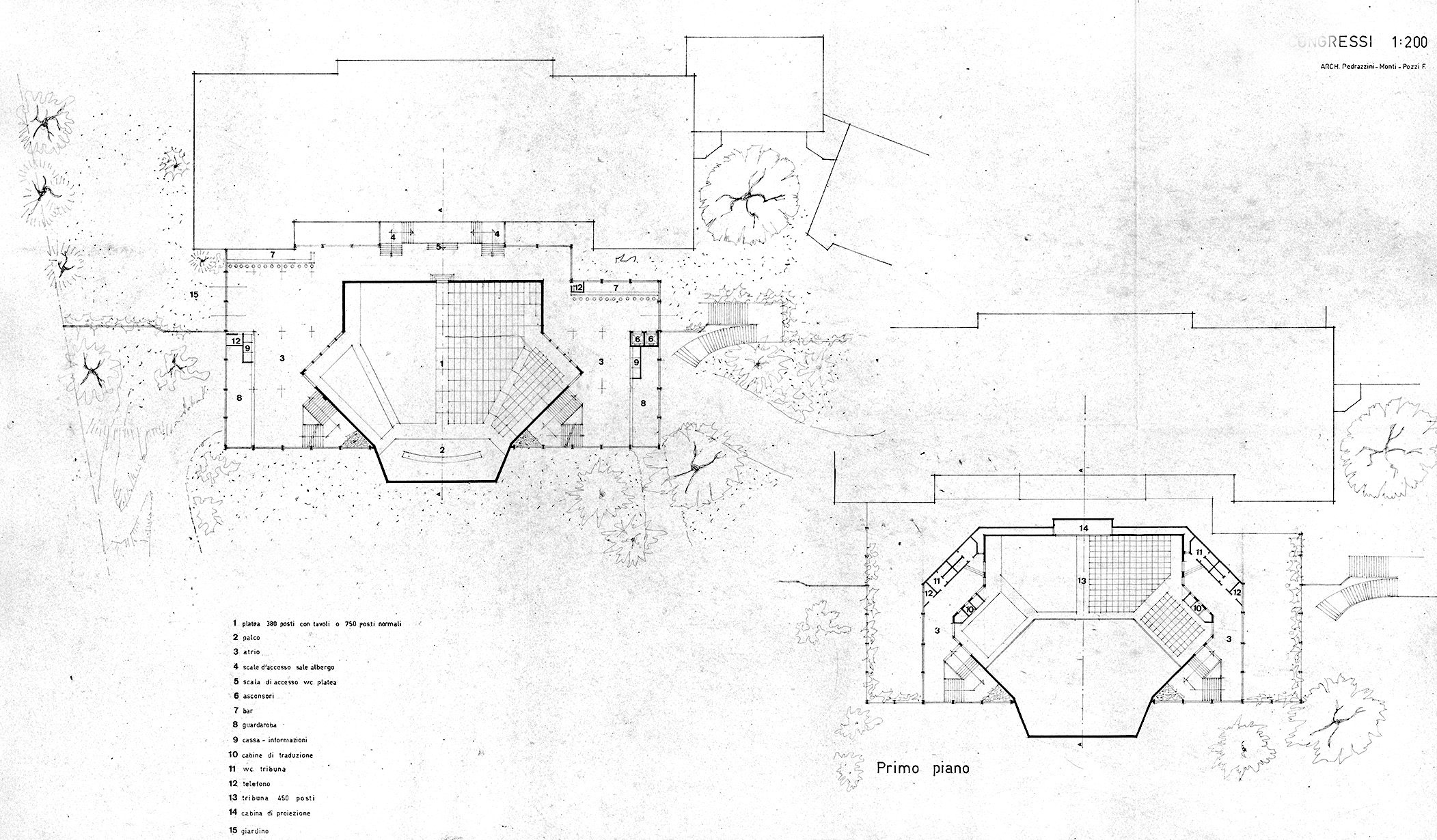 R. Pedrazzini, C. Monti, F. Pozzi, Progetto per una sala congressi collegata al Grand Hôtel di Muralto, pianta piano terreno e fronte con sezione, ottobre 1974 (versione A).