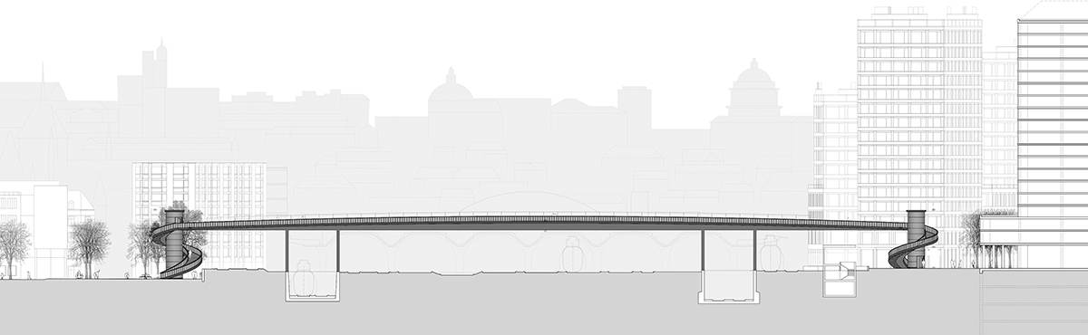 Das Siegerprojekt «96» ist ein Durchlaufträger als fünffeldriger Hohlkasten mit orthotroper Fahrbahnplatte in Stahlbauweise (L / h = 43). Der Bau erfolgt über einseitigem Einschub. Das Geländer besteht aus Metallgewebe mit vorgelagertem Schutznetz. Die Kopfbauten sind als Lifttürme mit umlaufender Treppe ausgebildet.