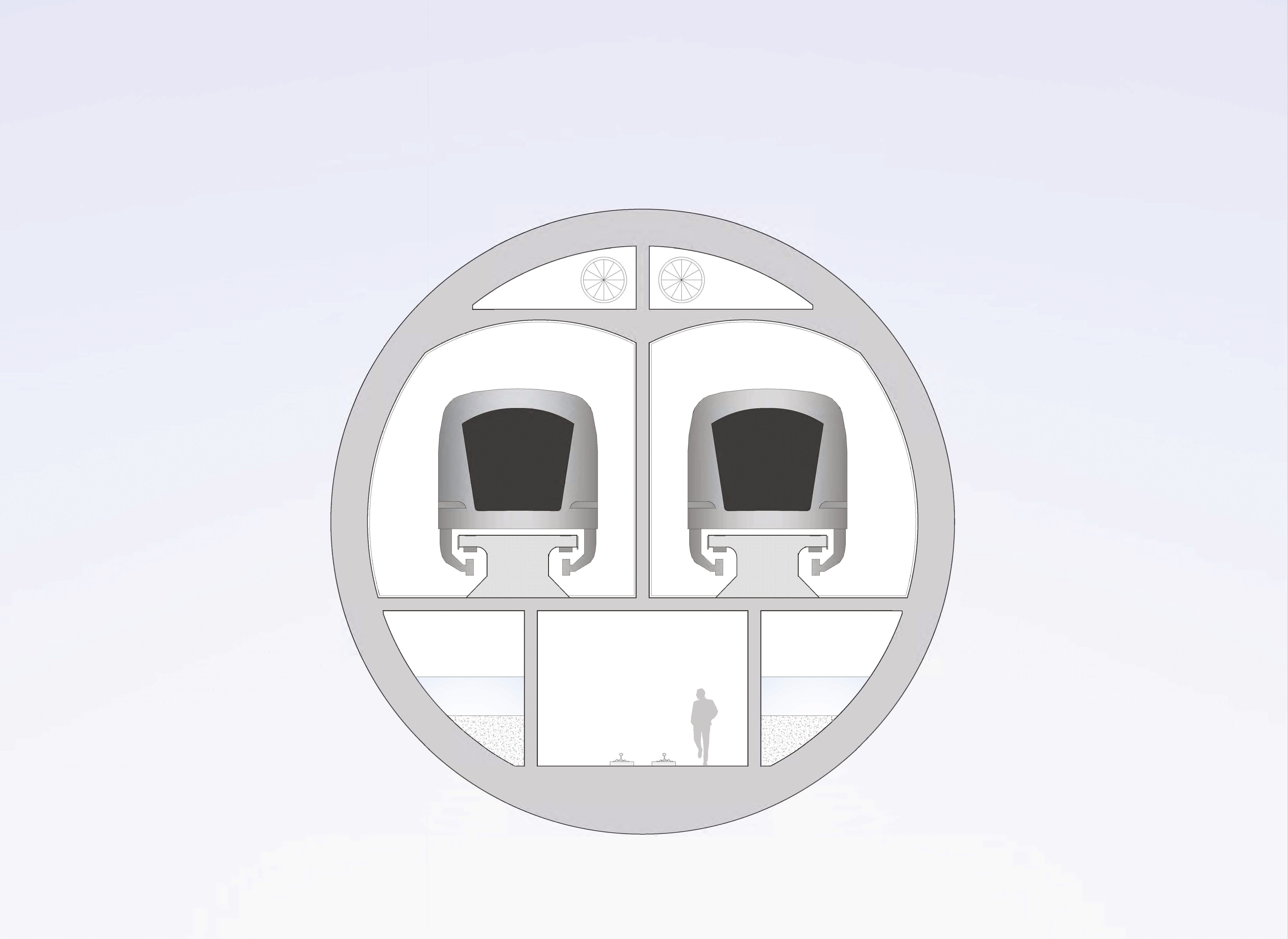 Plan de coupe des deux voies de train et des compartiments contenant du ballast.