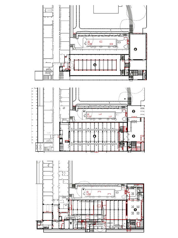 Grundrisse 1. UG, Erdgeschoss, 1. OG; 1) Neuer Ausstellungsraum in der Maillart-Halle, 2) Eingang, 3) Foyer mit Shop und Café, 4) Ausstellungshalle, 5) Galeriegeschosse Ausstellungshalle, 6) Auditorium.