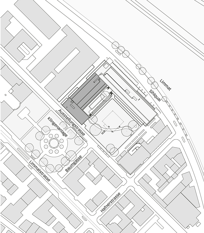 Der Gebäudekomplex befindet sich an zentraler Lage in der Nähe des Hauptbahnhofs zwischen Klingenpark und Limmat.
