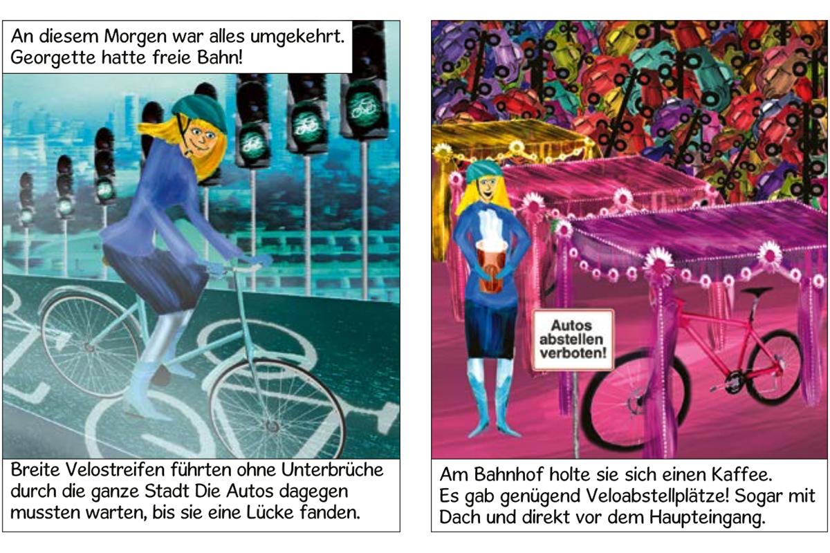 Ausschnitt aus dem Comic «Georgettes Traum», TEC21 6/2009 «Veloverkehr fördern».