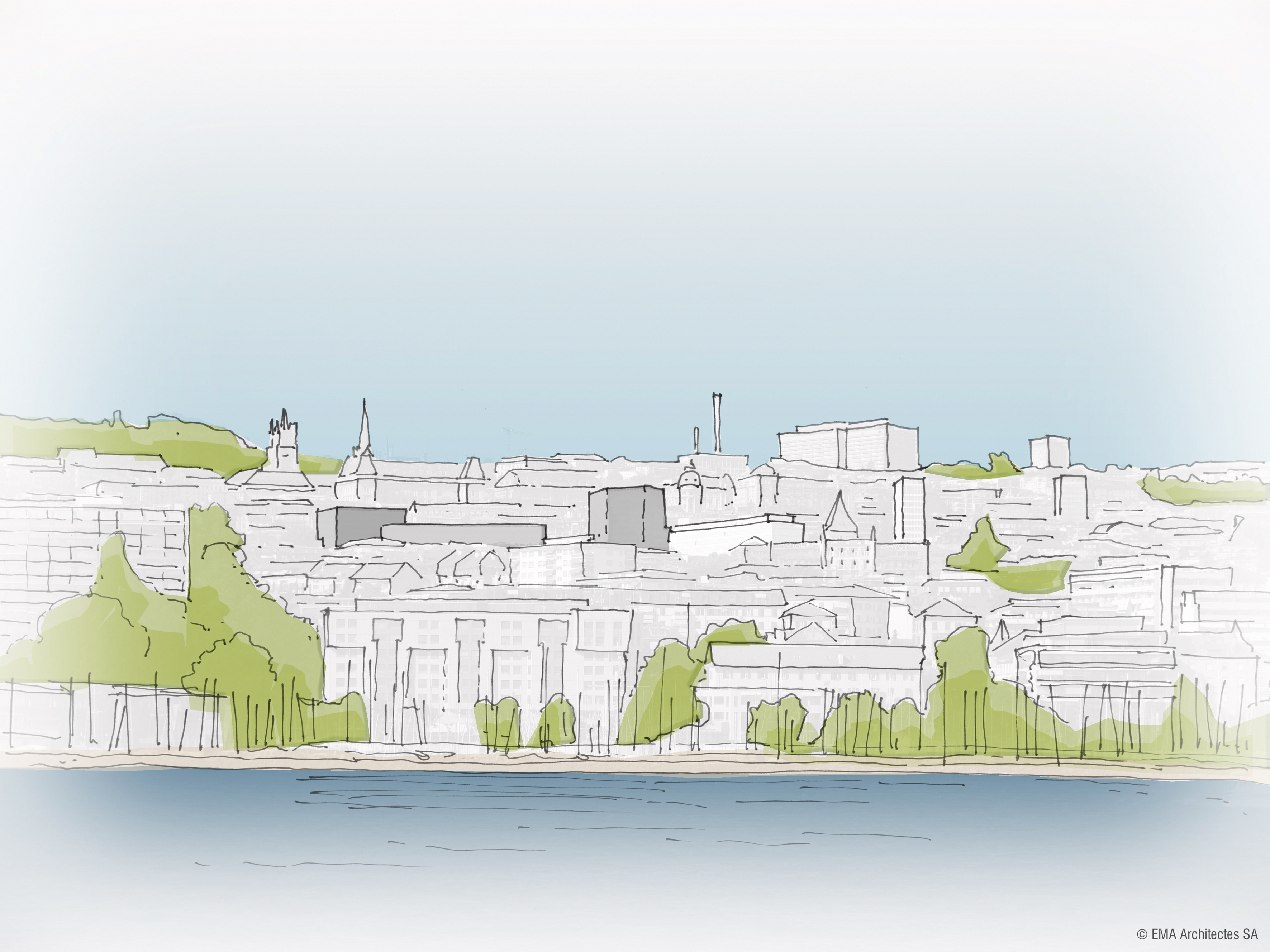 Site en développement Lausanne La Rasude avec des volumes prévus dans la structure urbaine. La hauteur des nouveaux bâtiments a été réajustée à plusieurs reprises.