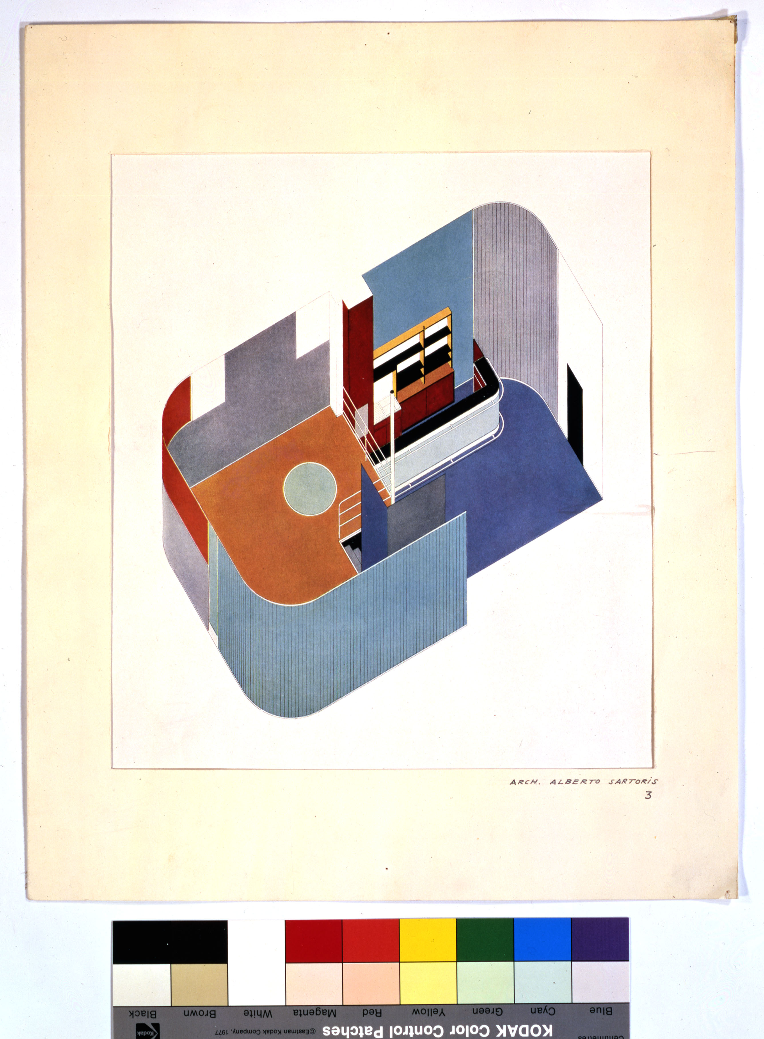 Cercle de l’Ermitage, à Epesses. Axonométrie, s.d. Impression sur papier. Ce dessin a été publié dans la revue The Architectural Review en 1935.