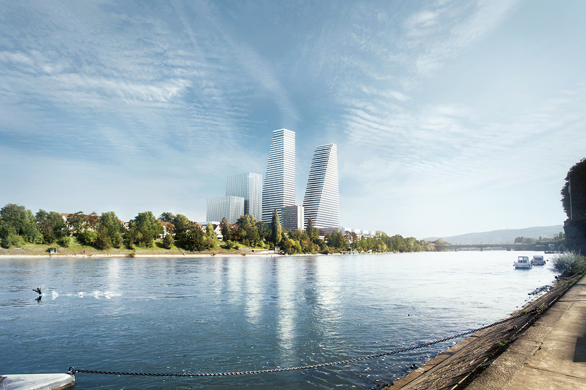 Rendering der beiden Roche-Türme; das Hochhaus rechts steht bereits; Architektur: Herzog &amp; de Meuron.