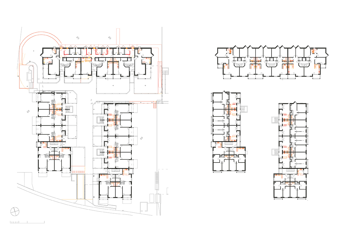 Grundrisse EG (links) und 1. OG (rechts); das Erdgeschoss der nördlichen Gebäudezeile ist bar­ri­e­refrei gestaltet worden.