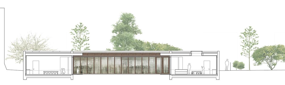 «Vita hortus», Ansicht Süd. Der Bau reizt die gesetzlichen Regeln aus: Bei eingeschossigen Bauten mit maximal 3 m Höhe kann bis zur Parzellengrenze gebaut und so der Aussenraum als zusammenhängende Fläche erhalten werden.