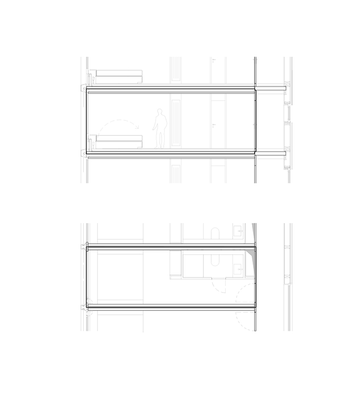 Das Volumen der 96 komplett vorgefertigten Raummodule entspricht ungefähr 3/4 eines konventionellen Standard-Hotelzimmers.