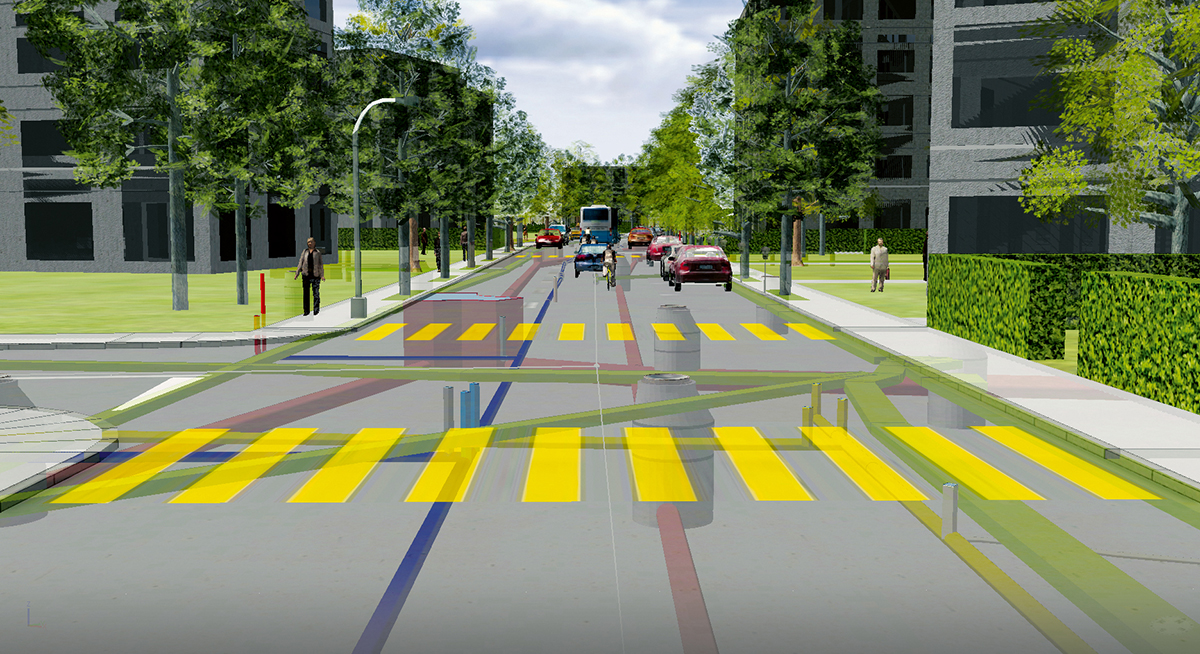 Mit digitalen Modellen zu einer besseren Übersicht der «verborgenen» Infrastrukturen im Tiefbau. Mittels präziser Infrastrukturdaten konnte das 3-D-Stadtmodell mit der GIS-Software Esri CityEngine modelliert werden.
