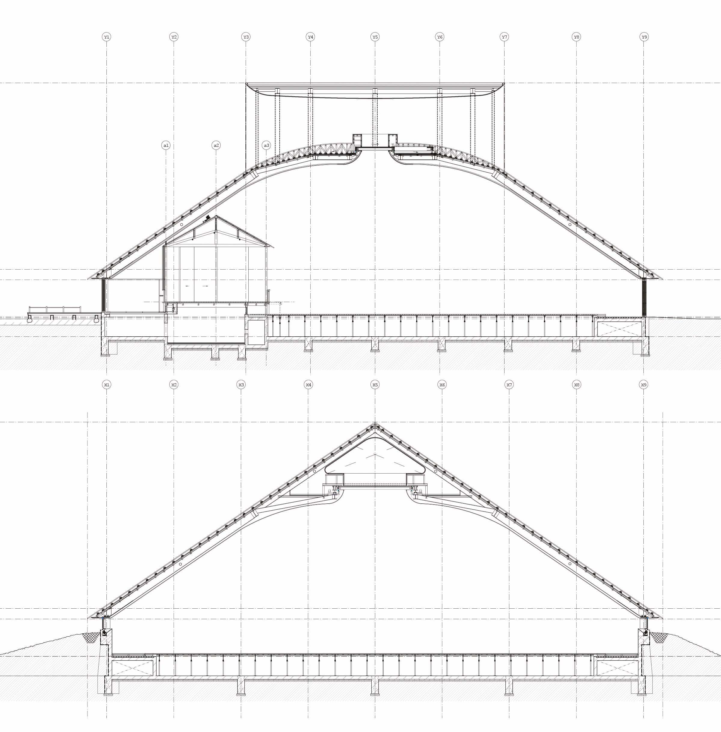 Schnitt durch die Naoshima Hall: Das Dach fängt den Inselwind ein und nützt ihn für die natürliche Belüftung des Saals.