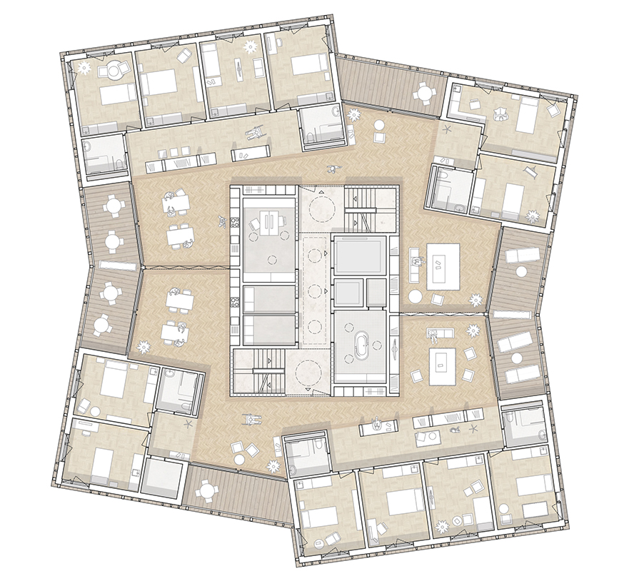 Siegerprojekt «Tilia», Grundriss Wohngruppen 1. und 3. Obergeschoss. Der Kern im Zentrum beherbergt die Er­­schliessung und die Betriebsräume wie Pflegebad, Stations­zimmer und Waschküche. Die Zimmer sind jeweils in zwei Zonen entlang der Fassade gruppiert. Vorräume bieten einen gestaffelten Übergang von den privaten zu den öffentlichen Bereichen.