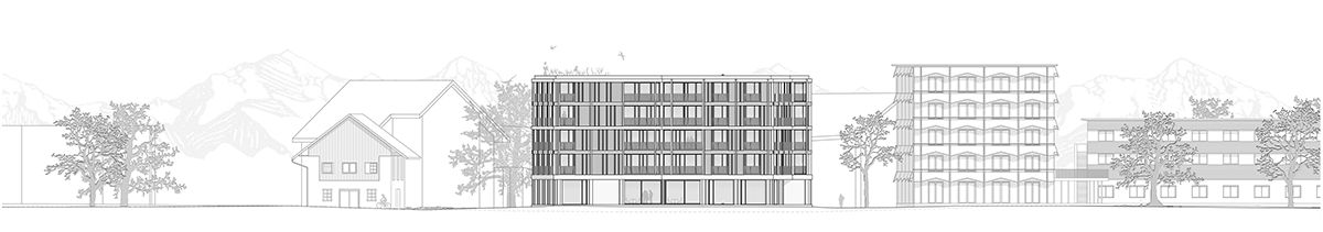 Siegerprojekt «Tilia» (Mitte), Ansicht Nord-Nordost. Die Planer schlagen einen Holzrahmenbau aus vorfabrizierten Elementen auf einem Betonsockel vor. Die Fassade besteht aus vertikalen Holzlatten.