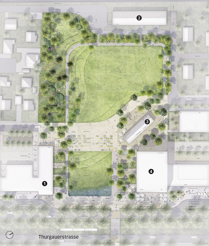 Das Siegerprojekt «Terra Nova» setzt auf den Typus «Volkspark» und einen ­pragmatischen Umgang mit den bestehenden Strukturen. Situationsplan: 1) Neues Schulhaus, 2) Ersatzneubau Wohnhaus, 3) altes Schützenhaus, 4) geplante Grossüberbauung.