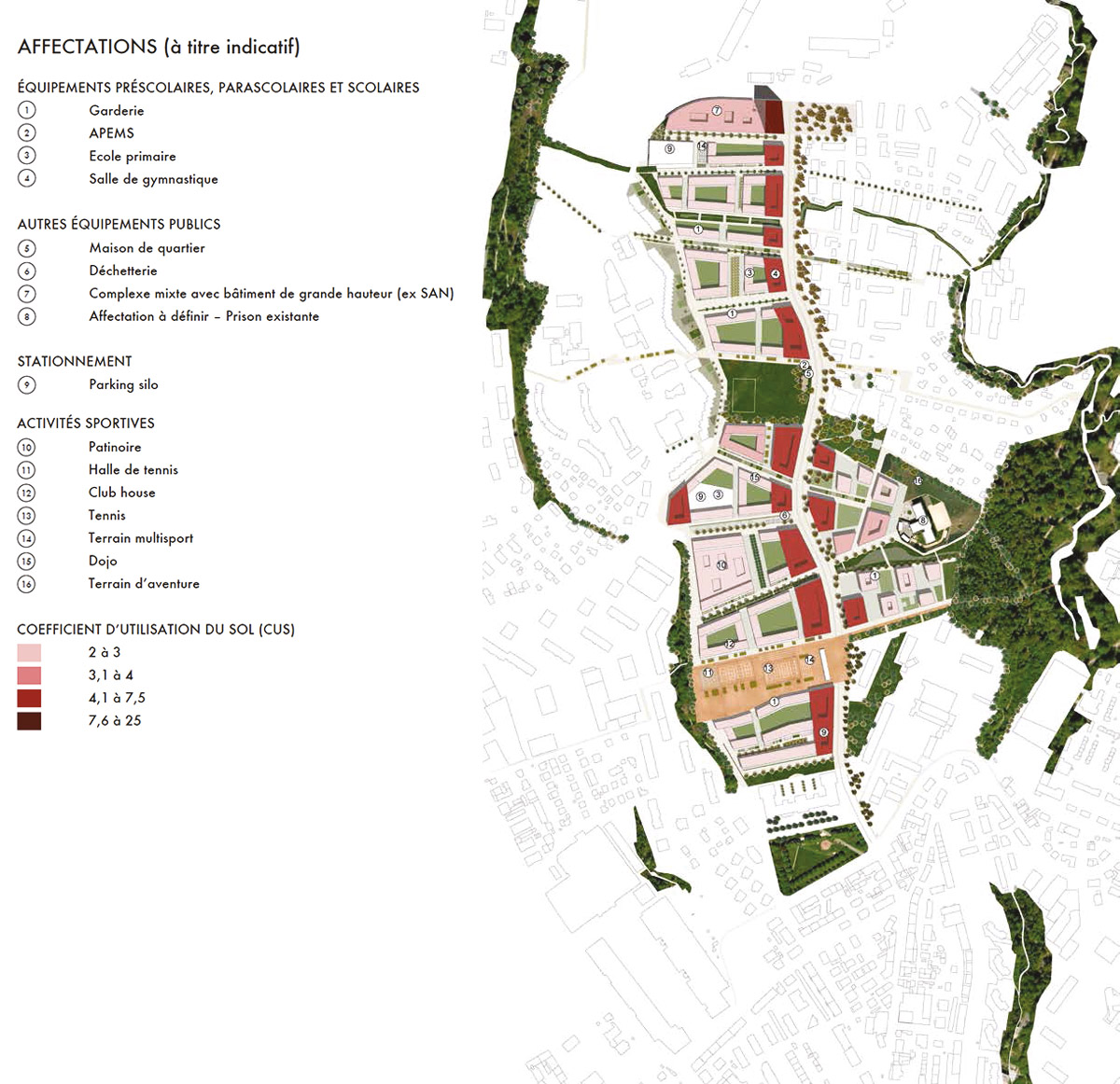 Mai 2014 : le Plan directeur localisé (PDL) est adopté. Y figure le plan schématique des affectations élaboré par Tribu, qui traduit une vision d’ensemble du quartier dans son environnement, en termes de programmation, de densité, de rapport bâti/espaces publics.