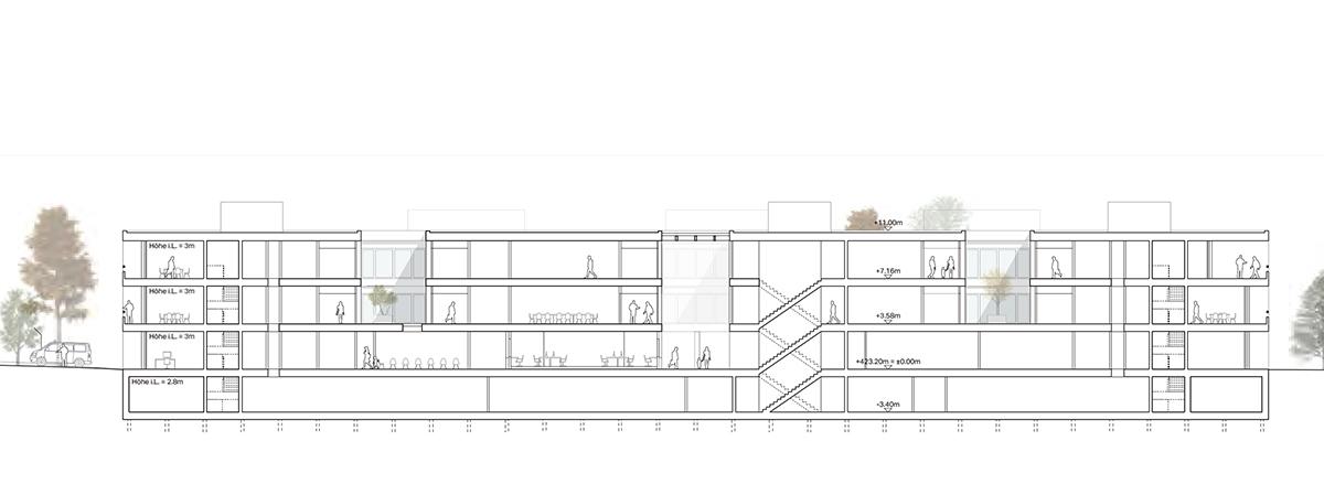 Sezione longitudinale del progetto vincitore: «Enfilade» di Blumer-Lehmann e Ruprecht Architekten.