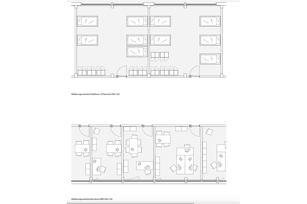 Piante di varianti di arredamento delle camere e degli uffici del progetto vincitore: «Enfilade» di Blumer-Lehmann e Ruprecht Architekten.