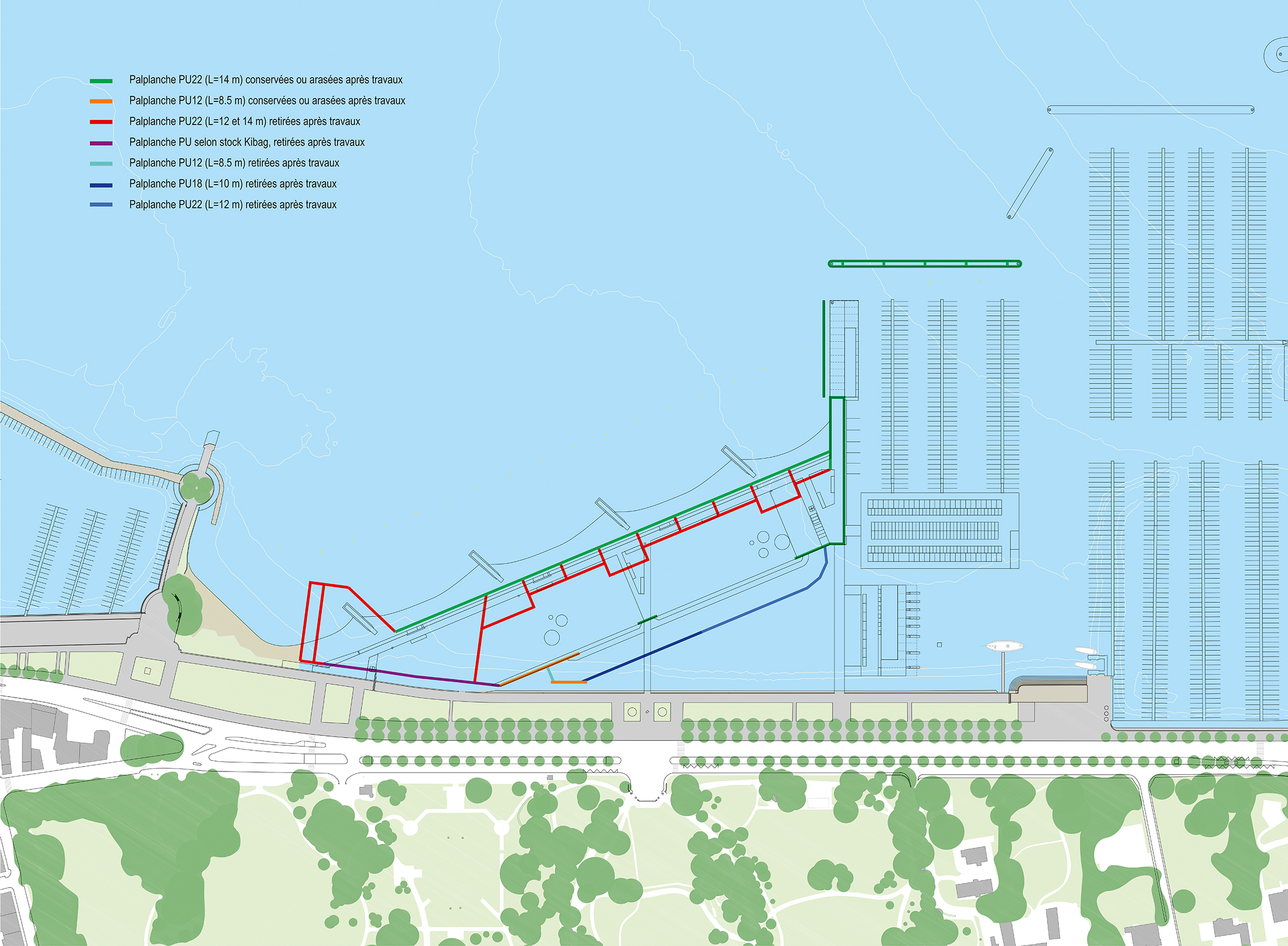 Plan des palplanches mises en place pour la réalisation de la Plage publique des Eaux-Vives