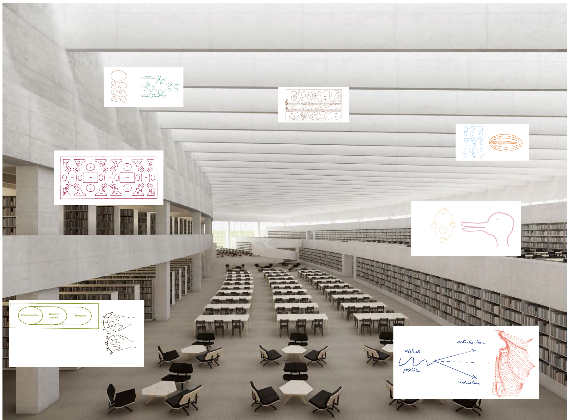 Le projet Tables des Matières de Robert Ireland à Lausanne pour l’extension prochaine du bâtiment Unithèque à Dorigny. L’artiste déploie des figures et des schémas provenant de différentes disciplines scientifiques sur les tables de travail de la grande salle de lecture.