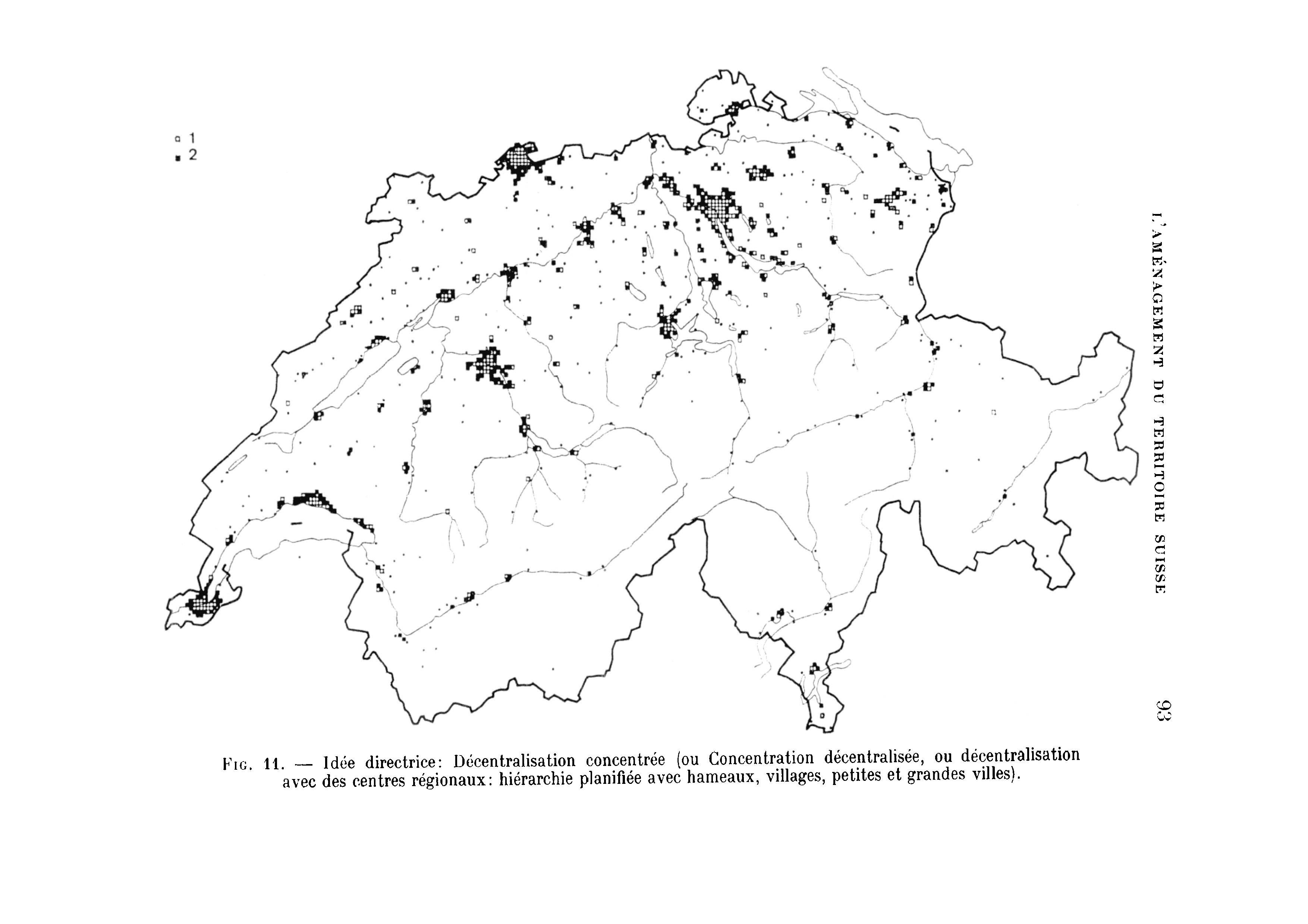 c. décentralisation concentrée. Les carrés blancs représentent les zones accueillant 10 000 habitants en 1960 ; les carrés noirs celles qui dépasseront ce seuil au plus tard en 2100.
