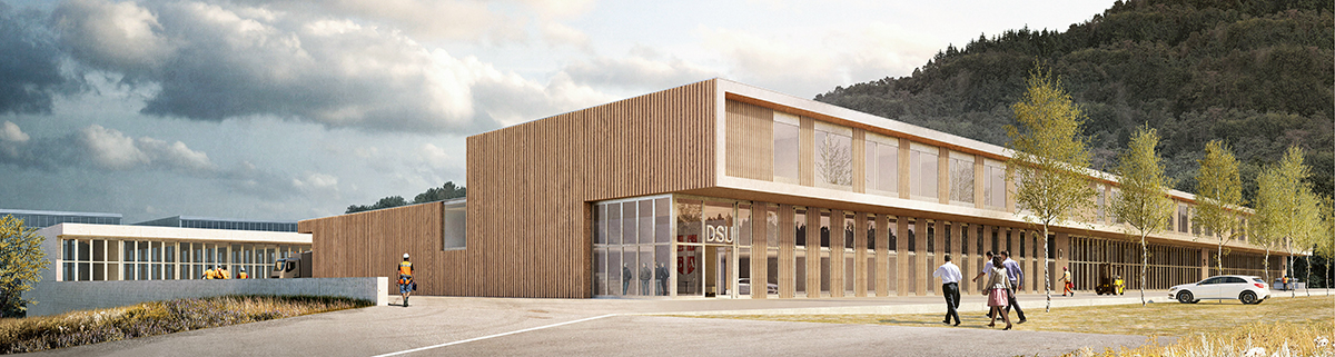 Il progetto vincitore, «Ginger e Fred» di Epure Architecture et Urbanisme: veduta da nord con le officine al piano terra e al di sopra gli uffici.
