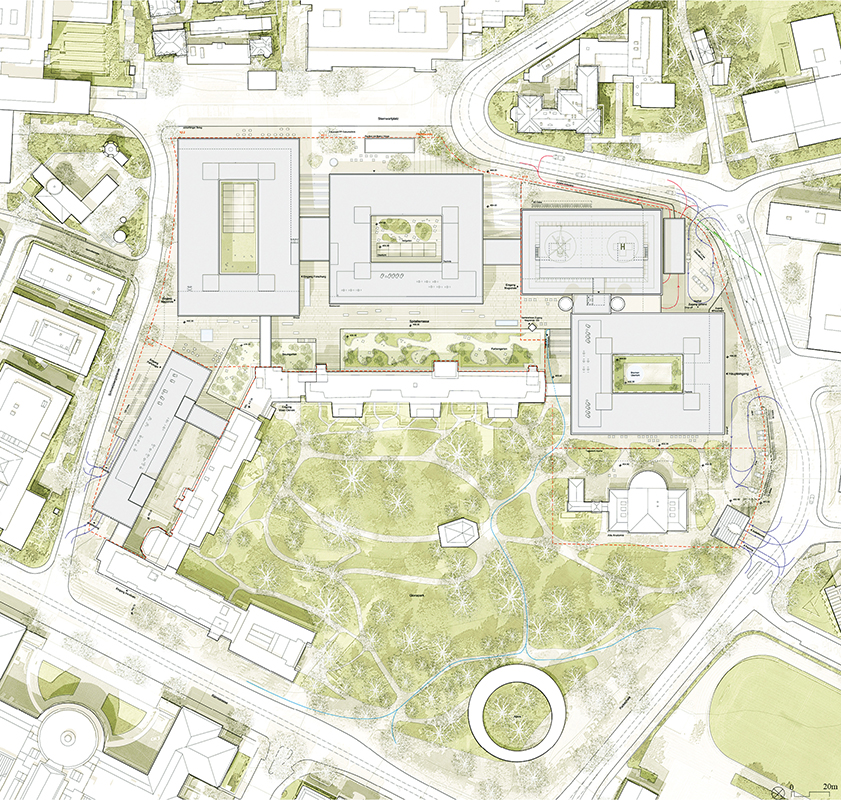 Gesamtsituation Siegerprojekt der GP Berthold (Christ &amp; Gantenbein, Basel / b + p baurealisation, Zürich) mit Bestand (weiss) und Neubauten (grau).