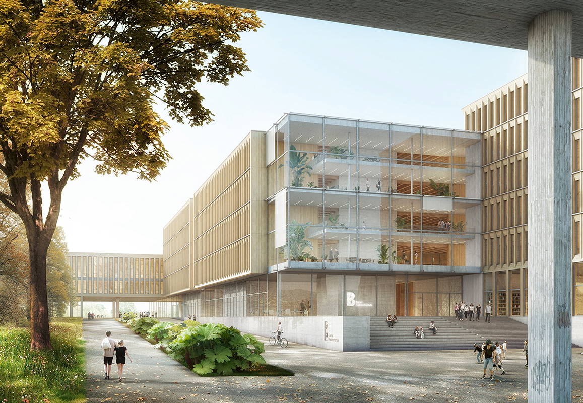 Im Hintergrund zu sehen ist der überdachte Zugangsbereich zum neuen Campus der Berner Fachhochschule BFH. Entwurf: «Metabionta» von Berrel Berrel Kräutler.