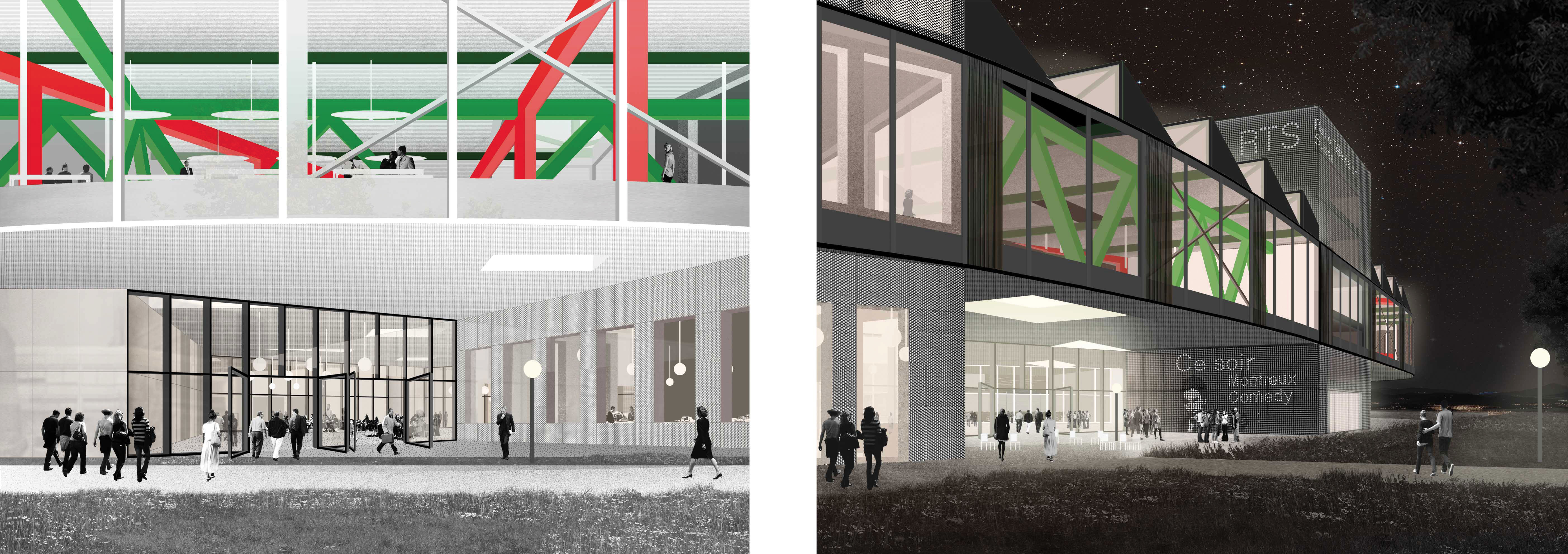 Procédure de mandats d'étude parallèles pour le bâtiment RTS sur le campus EPFL, remportée par l'Office Kersten Geers David Van Severen, Bruxelles et le bureau Bas Smets, Bollinger + Grohmann