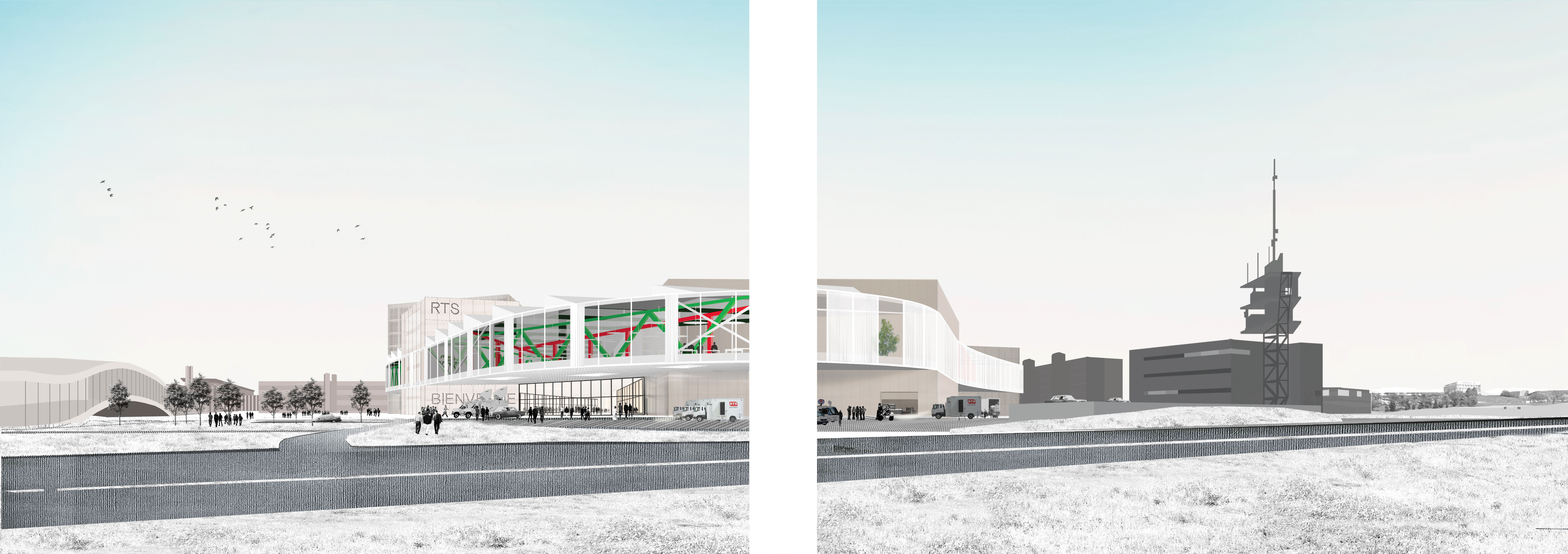 Procédure de mandats d'étude parallèles pour le bâtiment RTS sur le campus EPFL, remportée par l'Office Kersten Geers David Van Severen, Bruxelles et le bureau Bas Smets, Bollinger + Grohmann