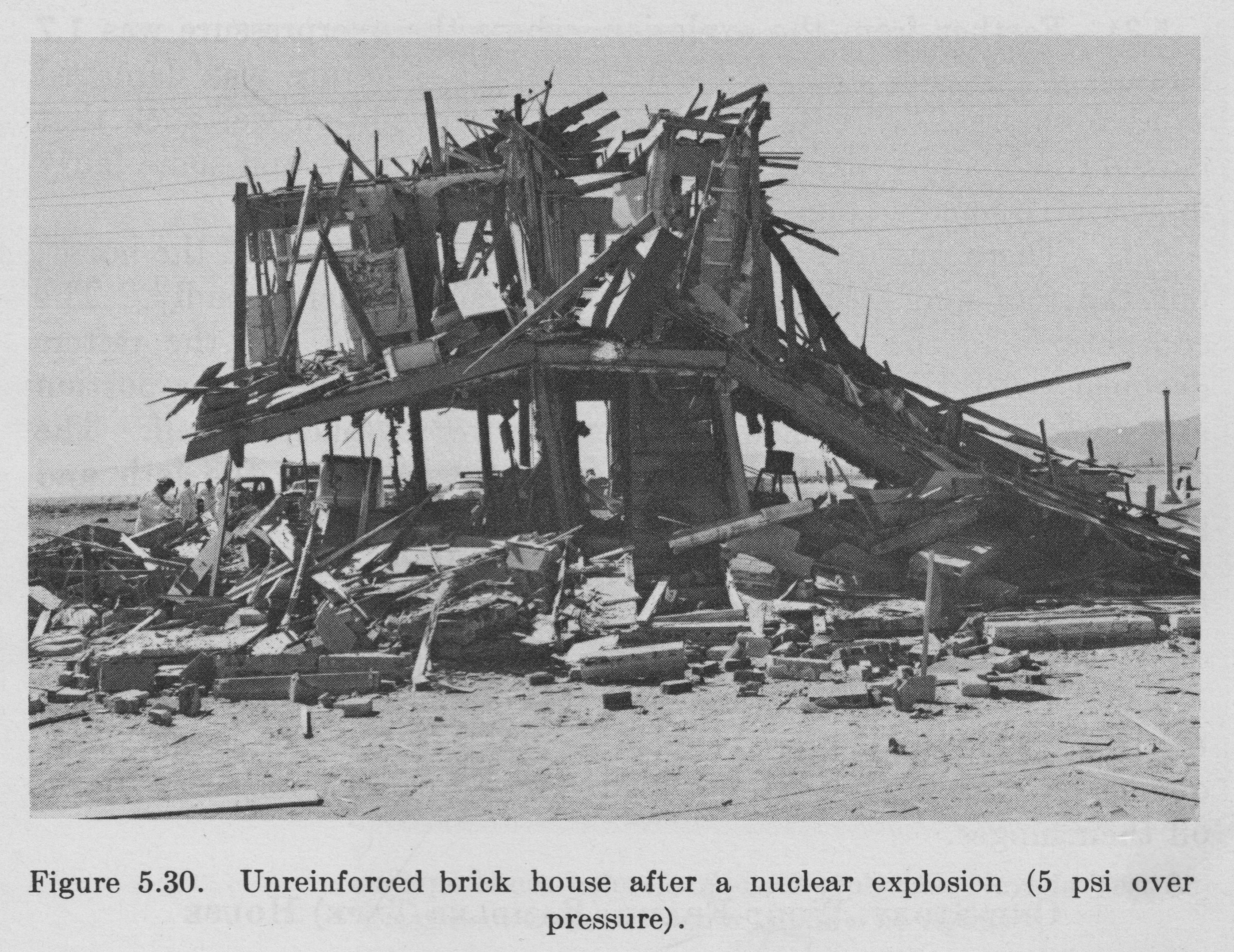 Maison en brique non renforcée avant et après l’explosion (Illustrations tirées de l’ouvrage The Effects of Nuclear Weapons, 1964)