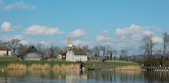 Bebauung auf der Insel Ufenau, wie sie sich heute präsentiert. In der Mitte das das 1681 erbaute «Haus zu den zwei Raben»