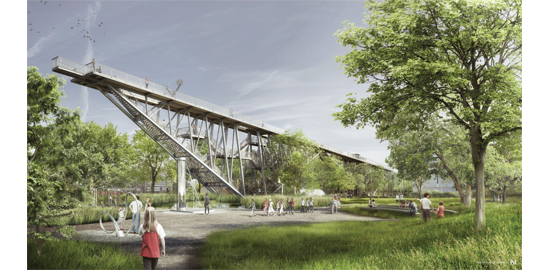 Vue panoramique sur le parc du Technorama : l’inauguration du « pont des merveilles » conçu par Conzett Bronzini Partner est prévue pour 2019. (Visualisation Night Nurse Images)
