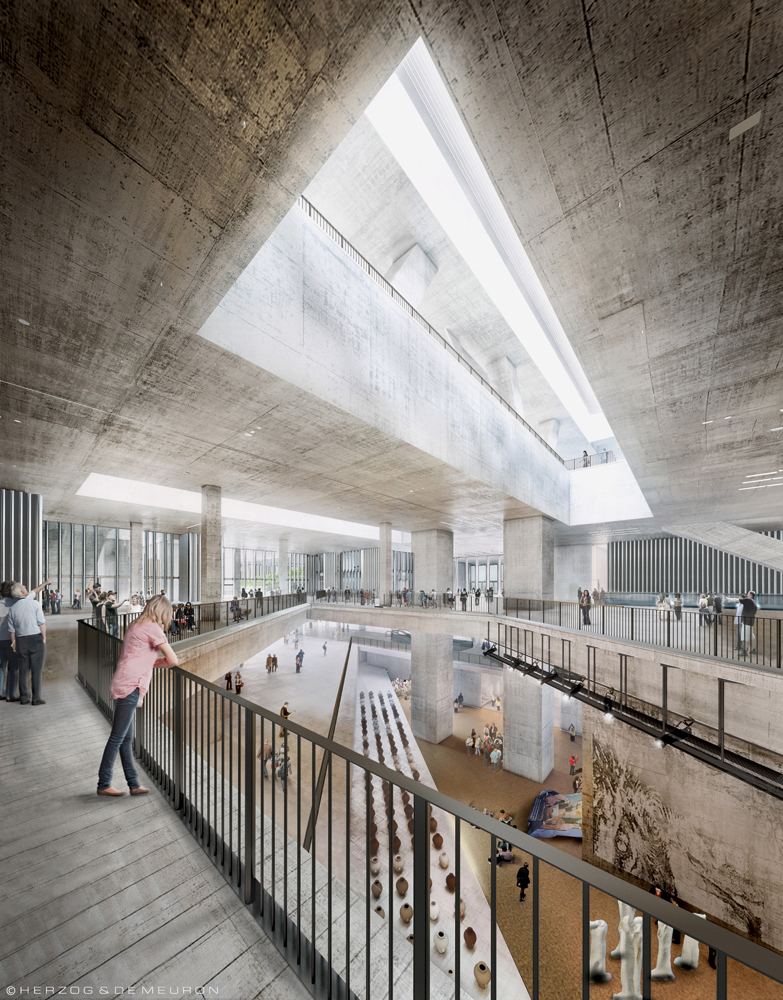 Visualisierung zur Untersuchung zu Materialität, Licht und Atmosphäre; Erdgeschoss Lobby, Blick auf «Found Space» &amp; «Industrial Space», Projekt 415, M+ Hong Kong. (Visualisierung: Herzog &amp; de Meuron)