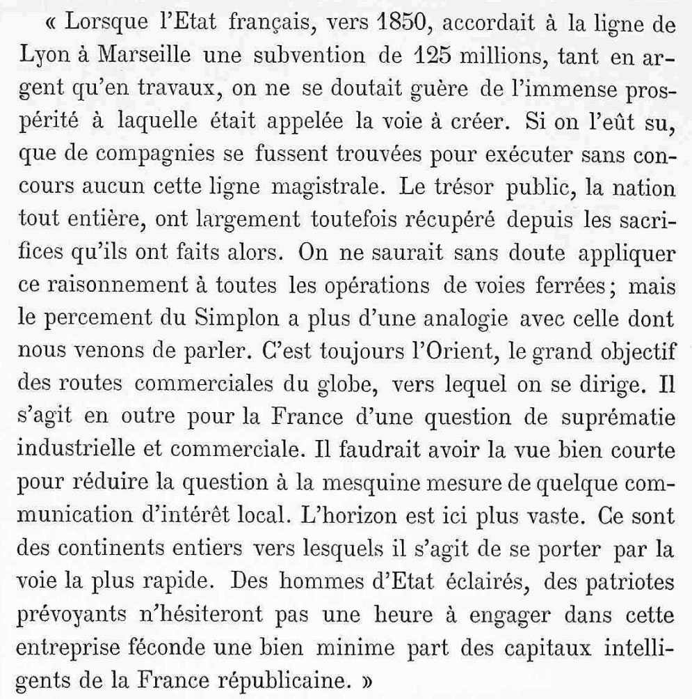 Extrait de « Le percement du Simplon devant les chambres et les intérêts français », par J. Meyer, Bulletin de la société vaudoise des ingénieurs et des architectes, décembre 1881