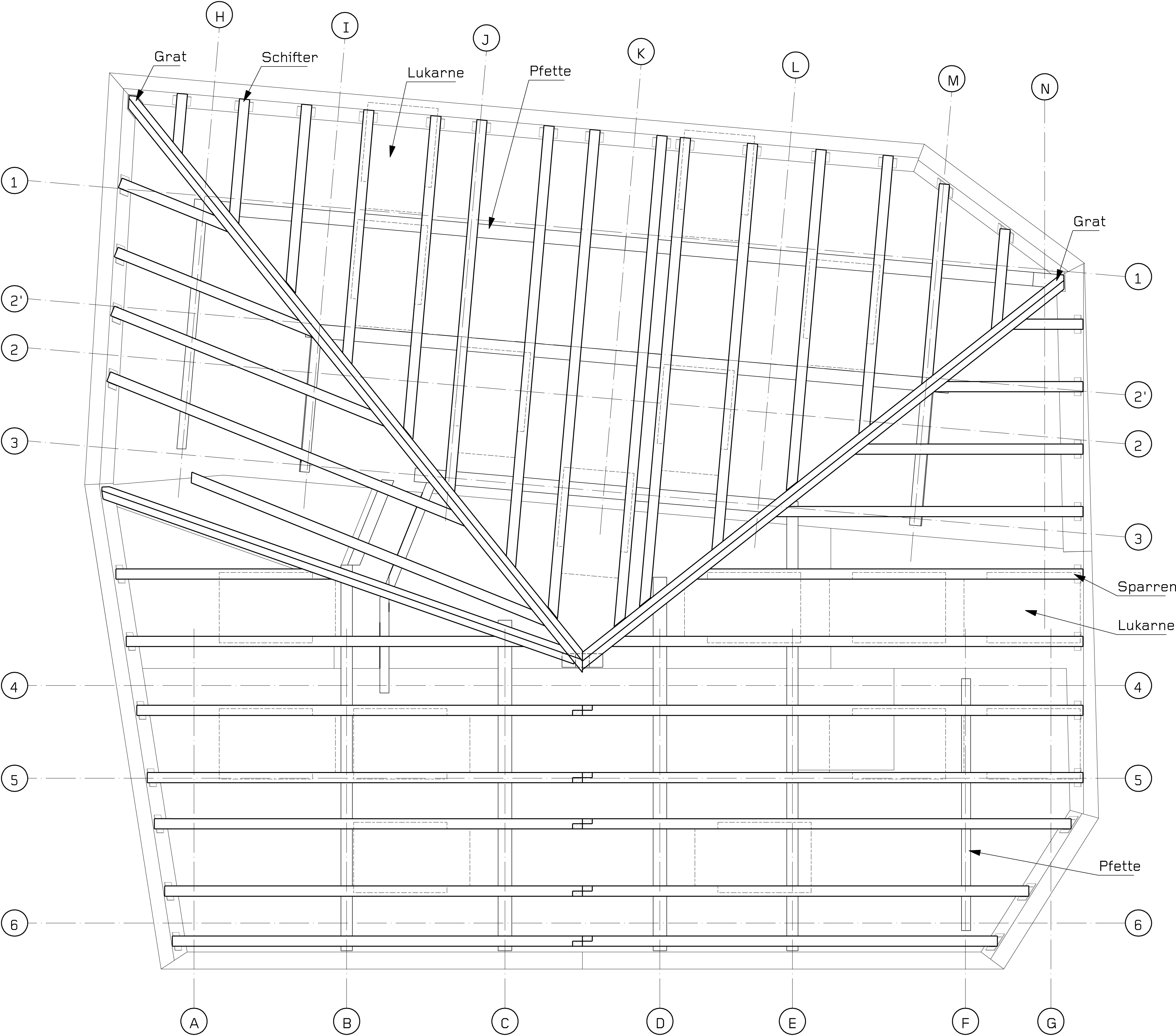 Die Dachkonstruktion besteht aus Pfetten, die über den Hauptachsen der darunterliegenden Holzkonstruktion angeordnet sind. Auf diesen Pfetten wurden Sparren und Schifter montiert. Die Grate verbinden die Pfetten und dienen den Schiftern als Auflager. (Werkstattplan: Conzett Bronzini Gartmann)