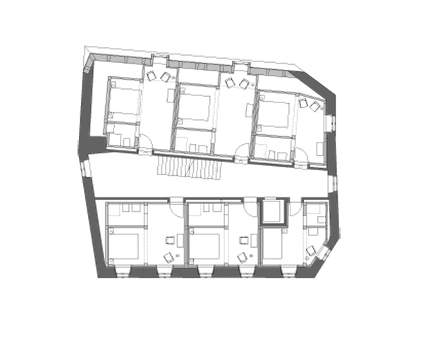 Grundriss 2. OG. Die hölzerne Dachkonstruktion setzt unmittelbar über der Kapelle an