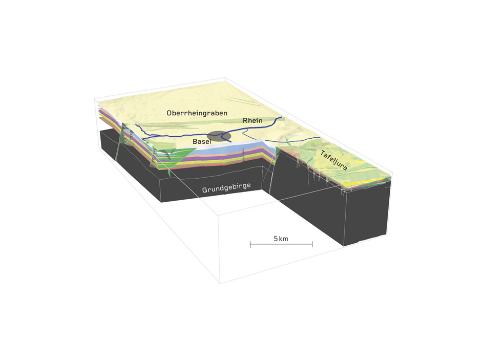 Ausschnitt aus dem geologischen 3D-Modell für die Region Basel (Grösse 20?km?×?30?km?×6?km)