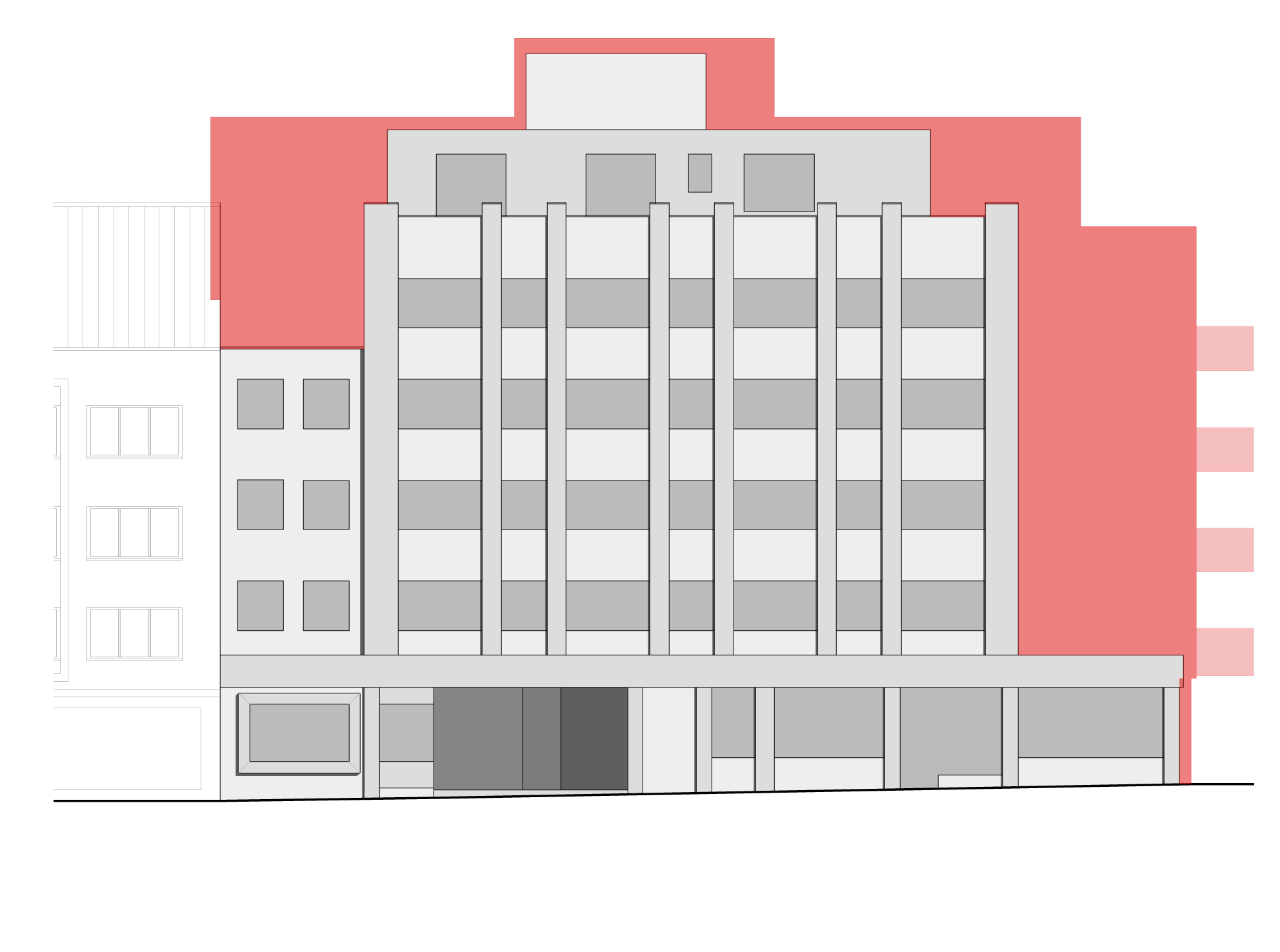Die Ansicht der Westfassade zeigt, um welches Volumen der Altbau gewachsen ist. Die rote Fläche markiert den Anbau. (Plan: Viridén + Partner AG, Zürich)