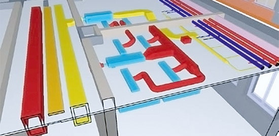 Architekt und Haustechniker überlagern ihre Teilmodelle und erkennen frühzeitig Kollisionen: zum Beispiel ­zwischen abgehängter Decke und Haustechnikleitungen.